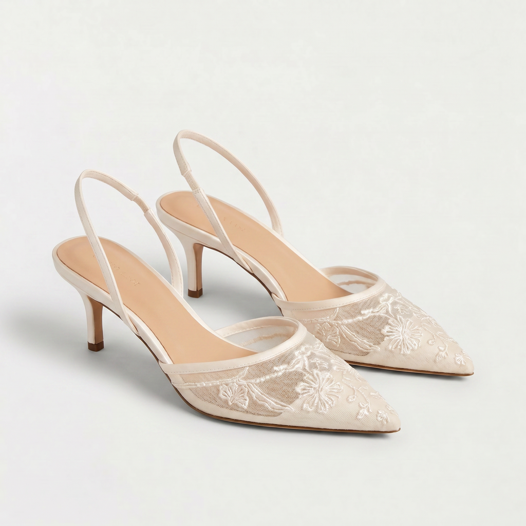 Women's Embroidered Mesh Mule Heels - Pointed Toe