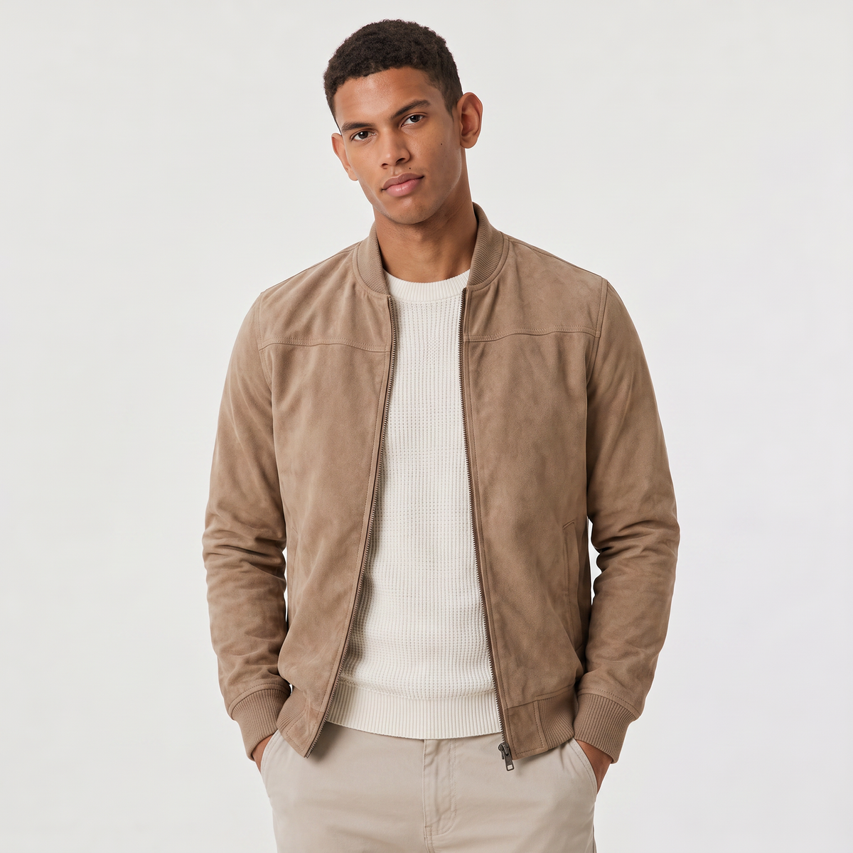 Men's Suede-Look Zip-Up Bomber Jacket