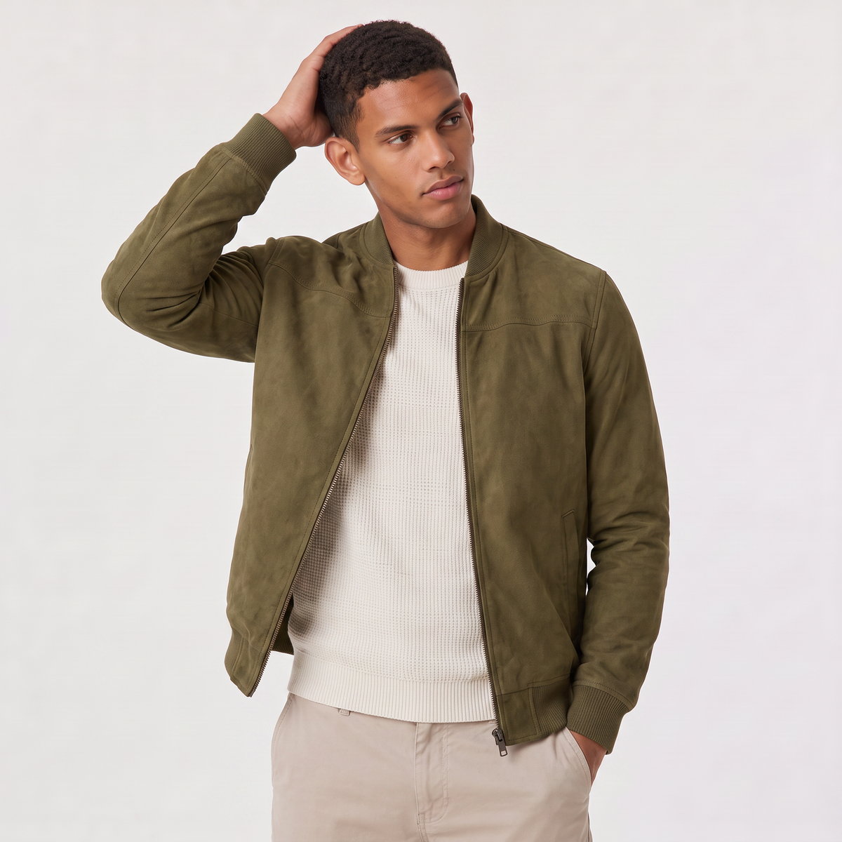 Men's Suede-Look Zip-Up Bomber Jacket
