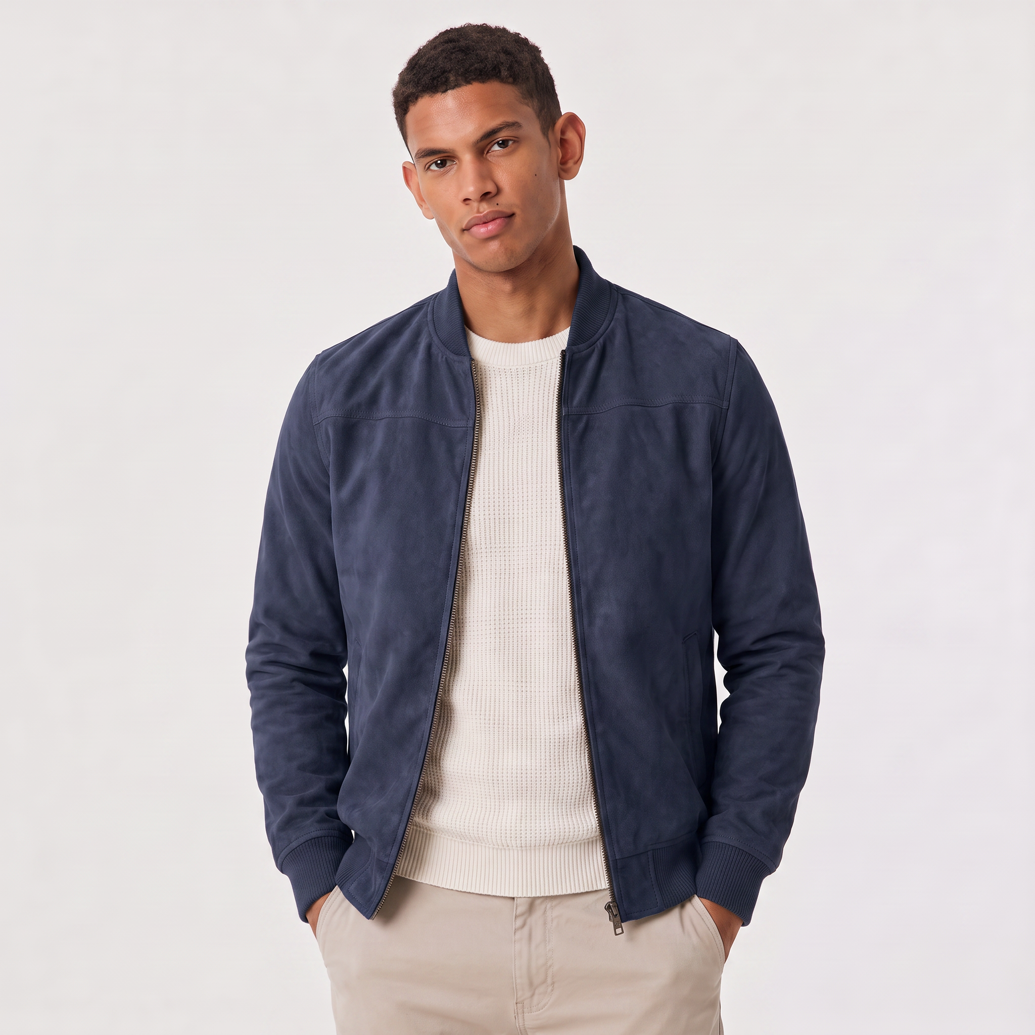 Men's Suede-Look Zip-Up Bomber Jacket