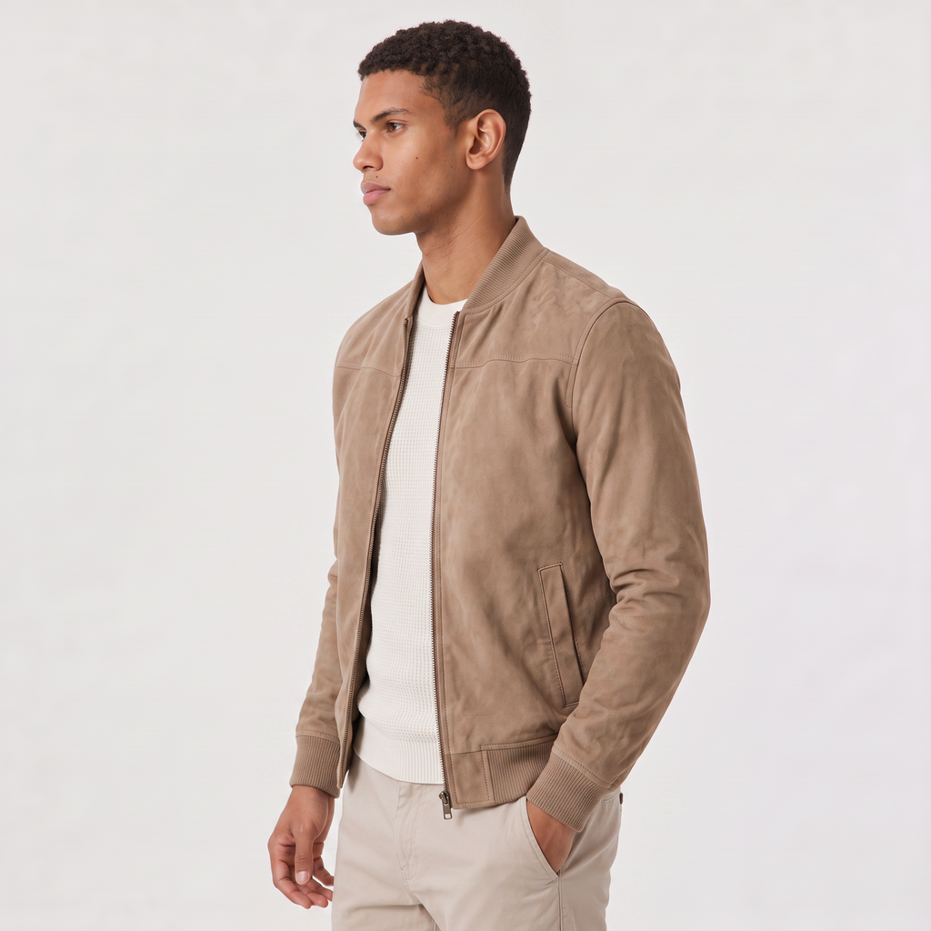 Men's Suede-Look Zip-Up Bomber Jacket