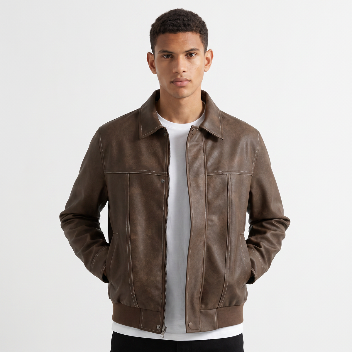 Men's Casual Leather-Look Zip Jacket