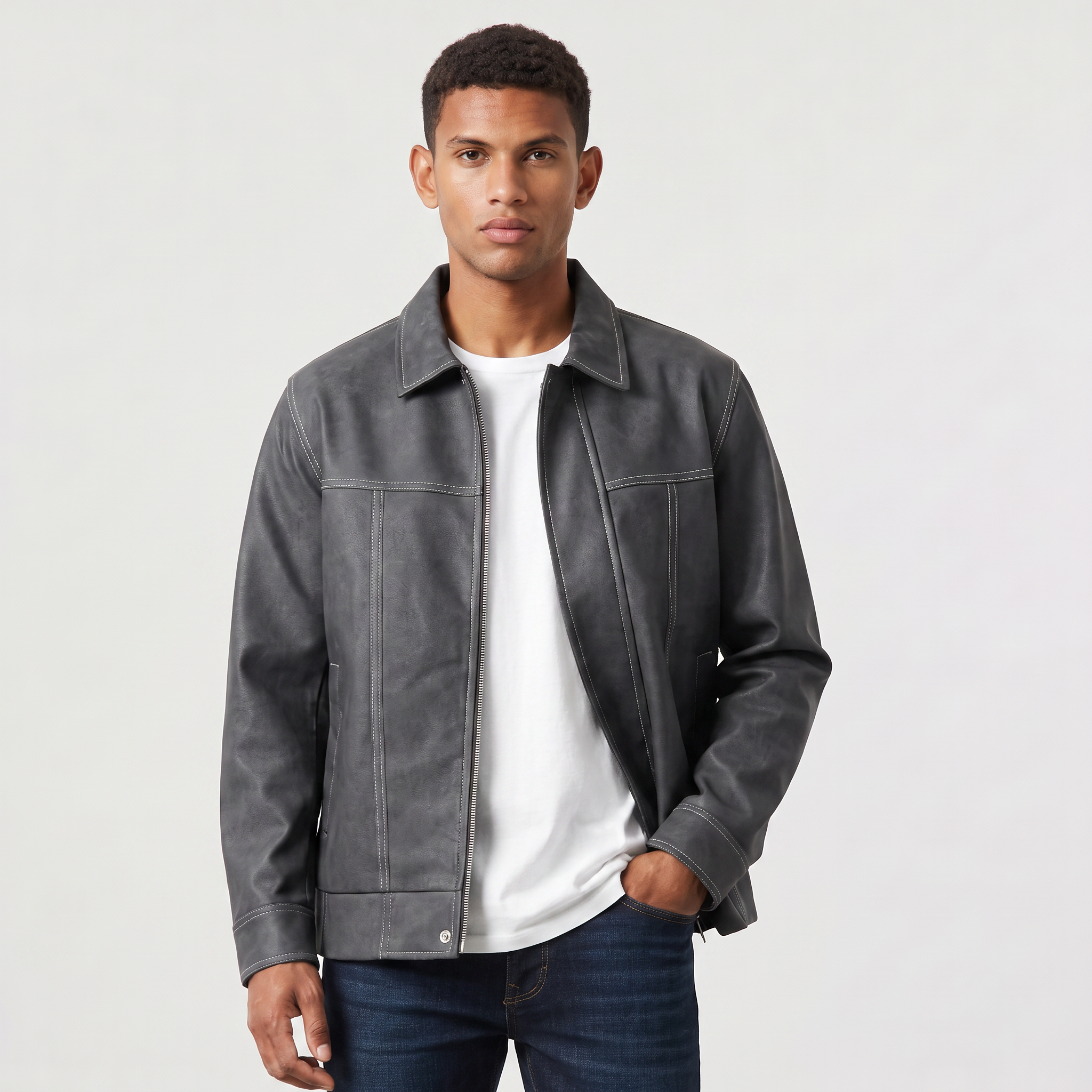 Men's Casual Leather-Look Zip Jacket