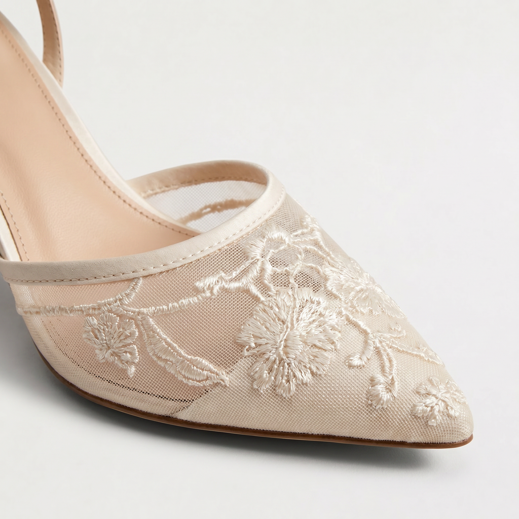 Women's Embroidered Mesh Mule Heels - Pointed Toe
